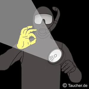 Taucherlampe Signal mit OK Handzeichen